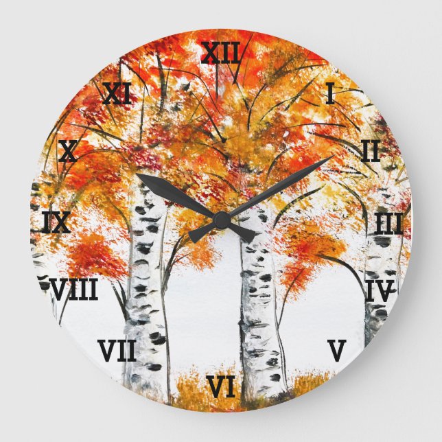 Birches Trees Autumn Fall Leaves Orange Forest  Large Clock (Front)