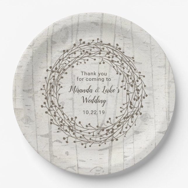 Birchwood wedding decor, rustic birch wood wreath paper plate (Front)