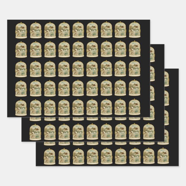 Bird Above Cabin by Stream in Snow in Birdcage Wrapping Paper Sheet (Set)