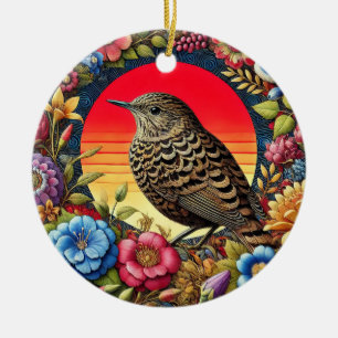 Bird Amid Colourful Flowers Ceramic Ornament
