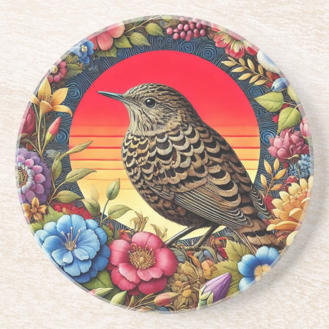Bird Amid Colourful Flowers Coaster (Front)