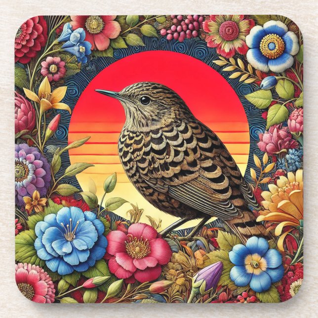 Bird Amid Colourful Flowers Coaster (Front)