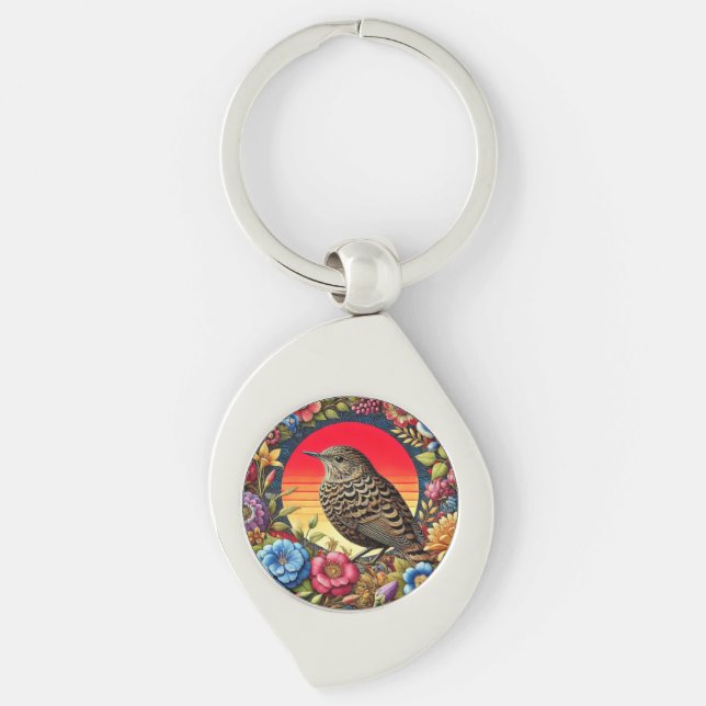 Bird Amid Colourful Flowers Key Ring (Front)
