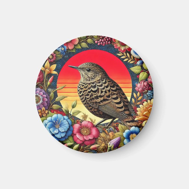 Bird Amid Colourful Flowers Magnet (Front)
