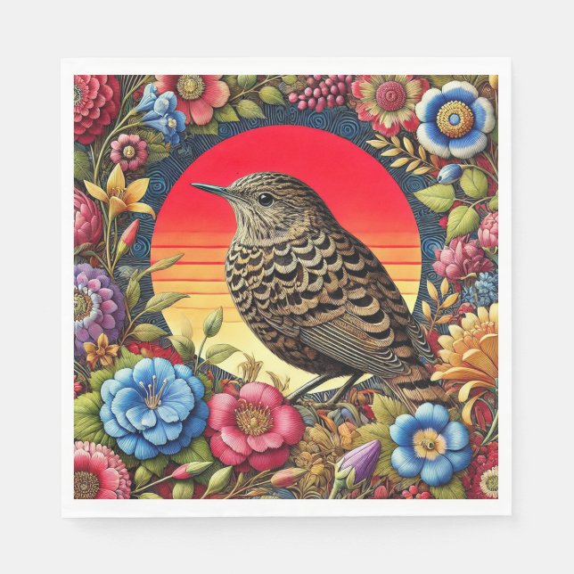Bird Amid Colourful Flowers Napkin (Front)