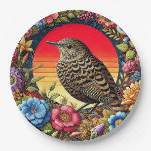 Bird Amid Colourful Flowers Paper Plate