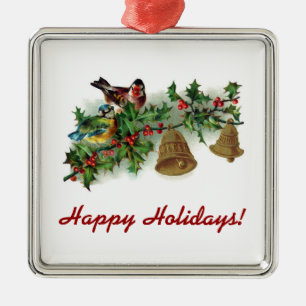 Bird And Bells On Holly Branch Metal Tree Decoration