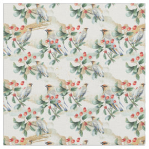 Bird and Berries Watercolor Nature  Christmas Fabric