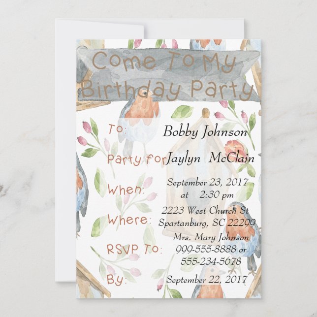 Bird and Birdhouse Birthday Party Invitation (Front)