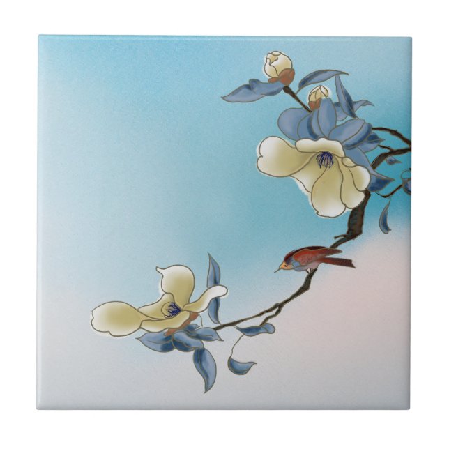 Bird and Bloom Art Garden Scenes Blue & White Ceramic Tile (Front)