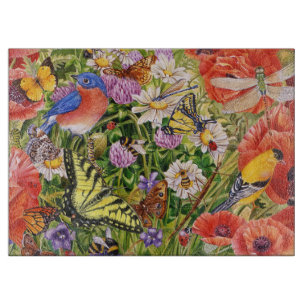 Bird and Butterflies Glass Cutting Board