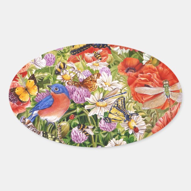 Bird and Butterflies Oval Sticker (Front)