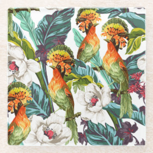 Bird And Exotic Flower Pattern 2 Glass Coaster