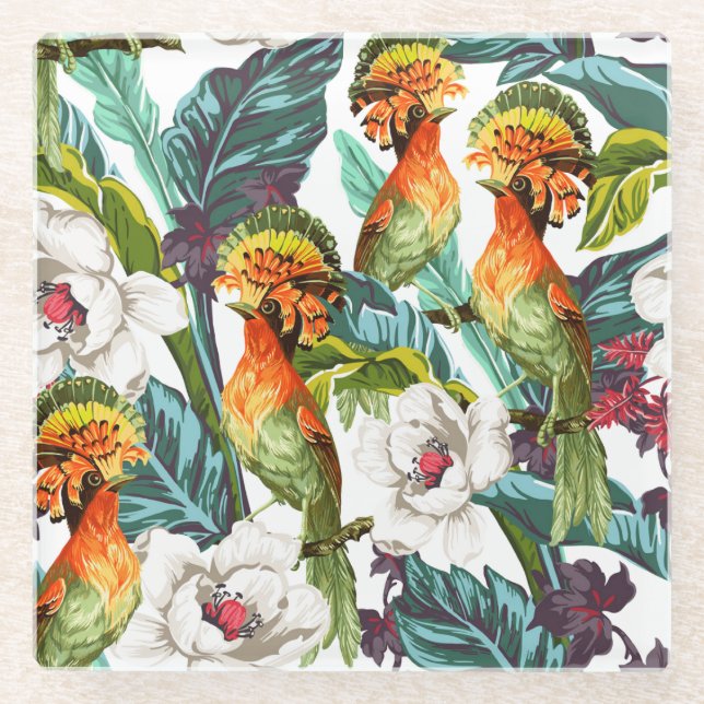 Bird And Exotic Flower Pattern 2 Glass Coaster (Front)