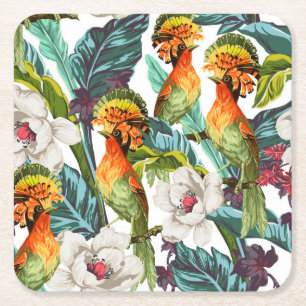 Bird And Exotic Flower Pattern 2 Square Paper Coaster
