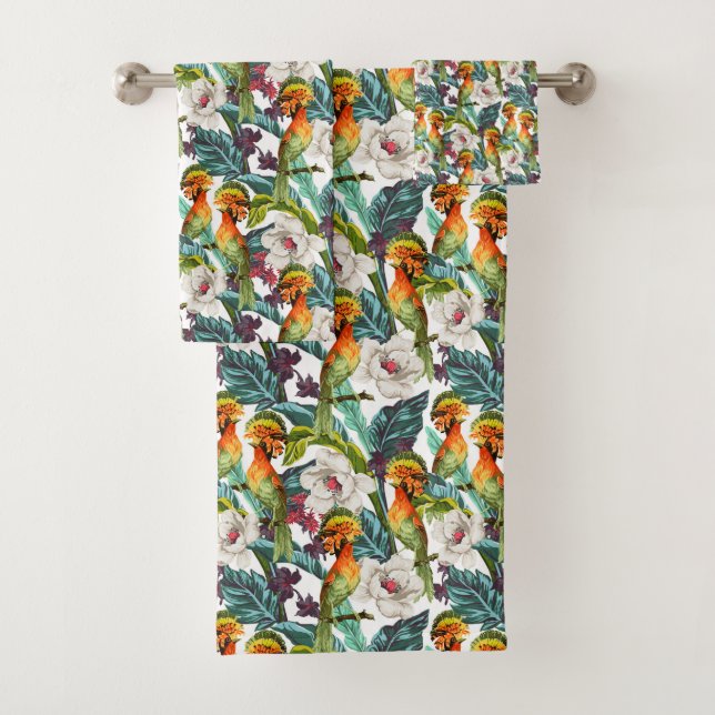 Bird And Exotic Flower Pattern Bath Towel Set (Insitu)