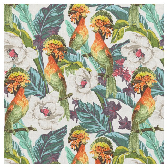 Bird And Exotic Flower Pattern Fabric (Close Up)