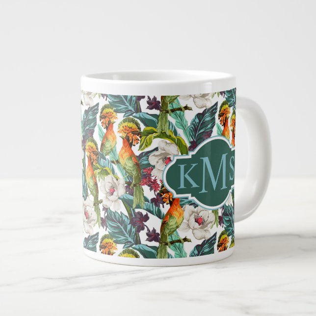 Bird And Exotic Flower Pattern | Monogram Large Coffee Mug (Front Right)