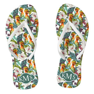 Bird And Exotic Flower Pattern   Monogram Thongs