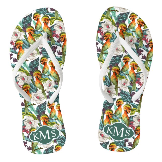 Bird And Exotic Flower Pattern | Monogram Thongs (Footbed)