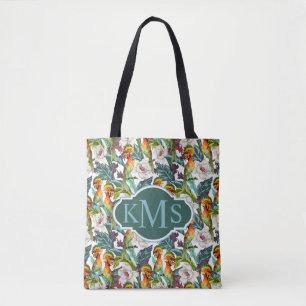 Bird And Exotic Flower Pattern Monogram Tote Bag