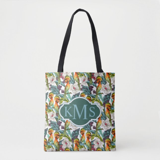 Bird And Exotic Flower Pattern | Monogram Tote Bag (Front)