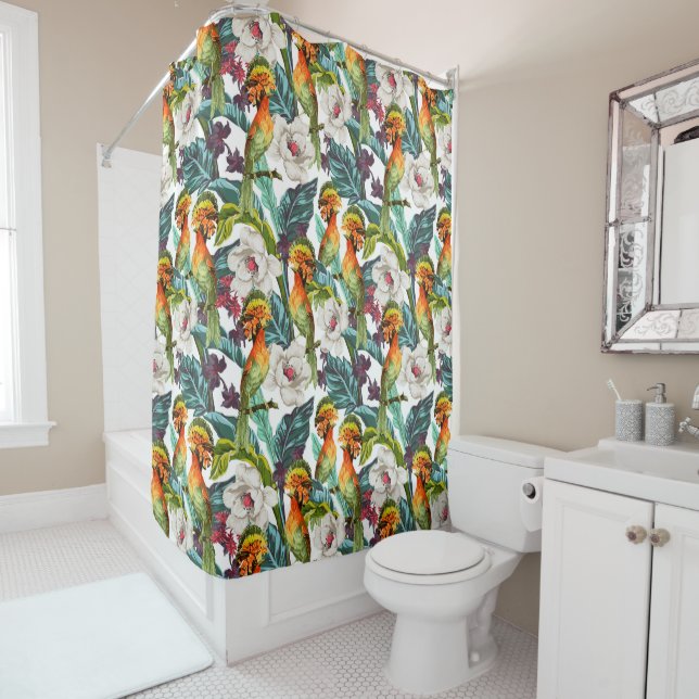 Bird And Exotic Flower Pattern Shower Curtain (In Situ)