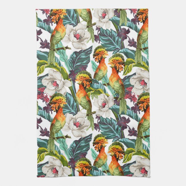Bird And Exotic Flower Pattern Tea Towel (Vertical)
