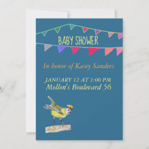Bird and Flags Blue Baby Shower Invitation