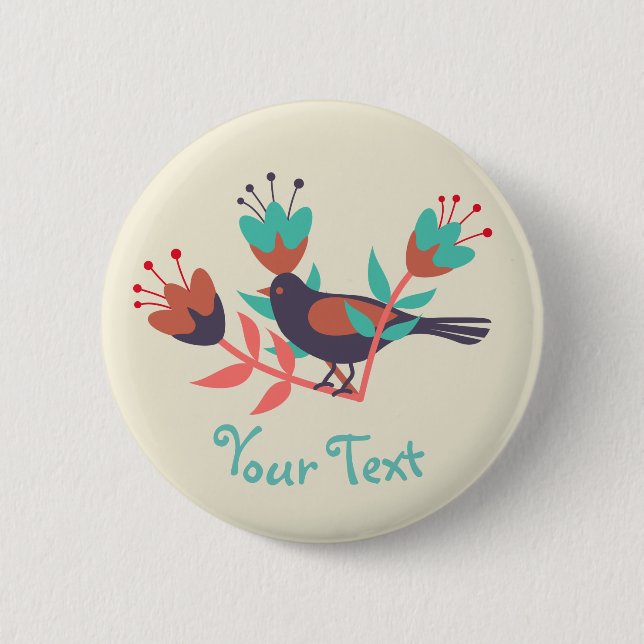 Bird and Floral Folk Art Custom Text 6 Cm Round Badge (Front)