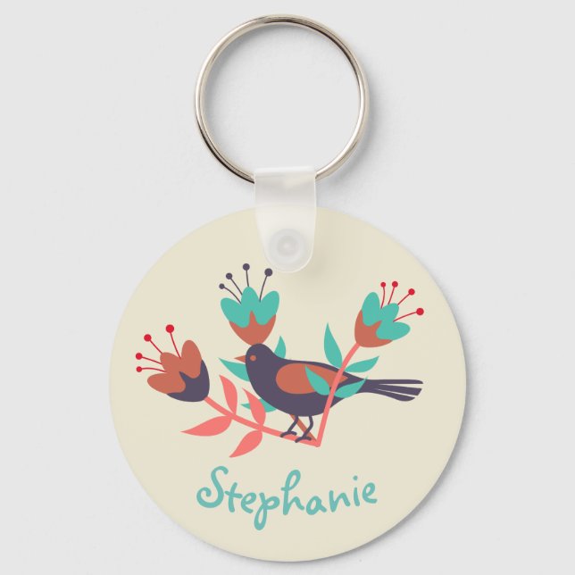 Bird and Floral Folk Art Key Ring (Front)