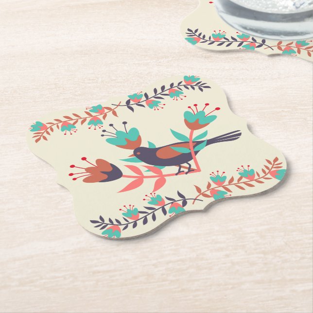 Bird and Floral Folk Art Paper Coaster (Angled)