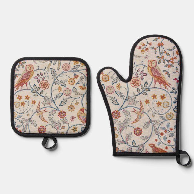 Bird and Floral Pattern, William Morris Oven Mitt & Pot Holder Set (Front)