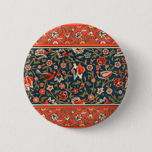 Bird and Flower Persian Blue Red Pattern 6 Cm Round Badge
