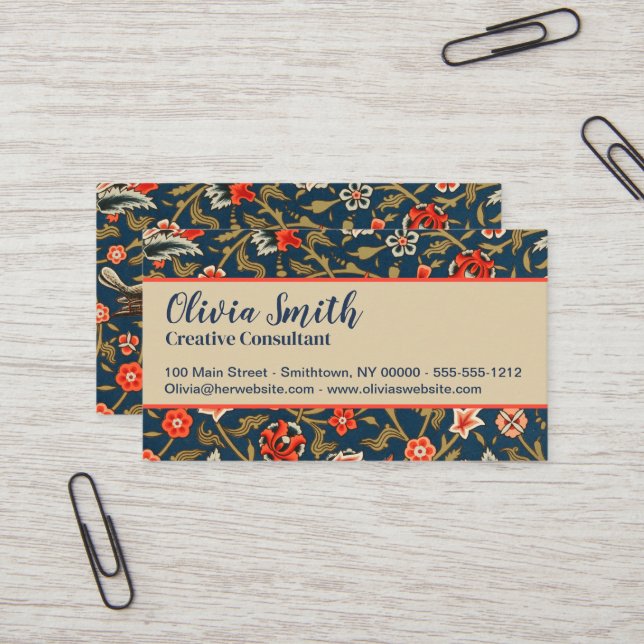 Bird and Flower Persian Blue Red Pattern Business Card (Front/Back In Situ)