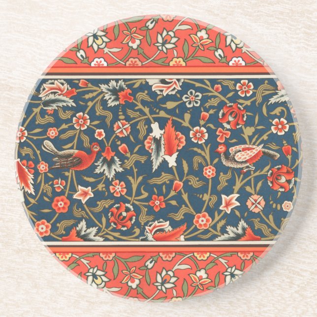 Bird and Flower Persian Blue Red Pattern Coaster (Front)