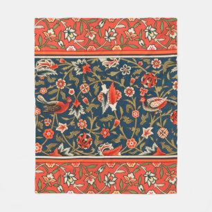 Bird and Flower Persian Blue Red Pattern Fleece Blanket
