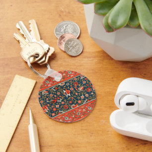 Bird and Flower Persian Blue Red Pattern Key Ring