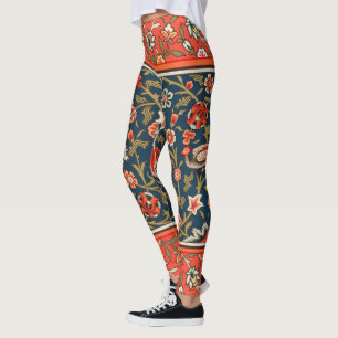 Bird and Flower Persian Blue Red Pattern Leggings