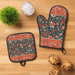 Bird and Flower Persian Blue Red Pattern Oven Mitt & Pot Holder Set