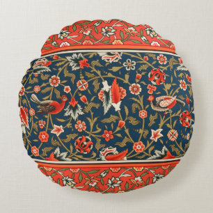 Bird and Flower Persian Blue Red Pattern Round Cushion