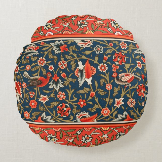 Bird and Flower Persian Blue Red Pattern Round Cushion (Front)