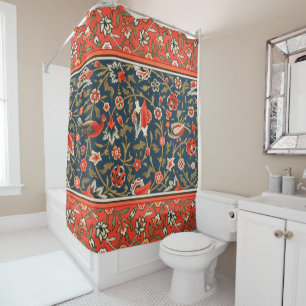 Bird and Flower Persian Blue Red Pattern Shower Curtain