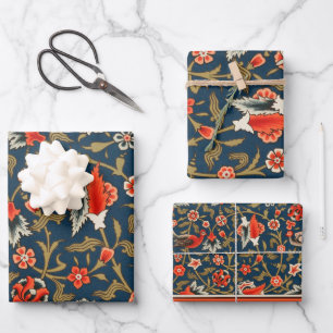 Bird and Flower Persian Blue Red Pattern Wrapping Paper Sheet