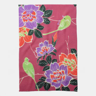 Bird and Flower, Vintage Japanese Design Tea Towel
