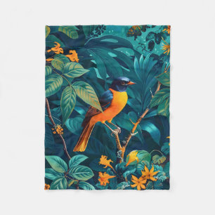 Bird and Flower Vintage Pattern Forest Fleece Blanket