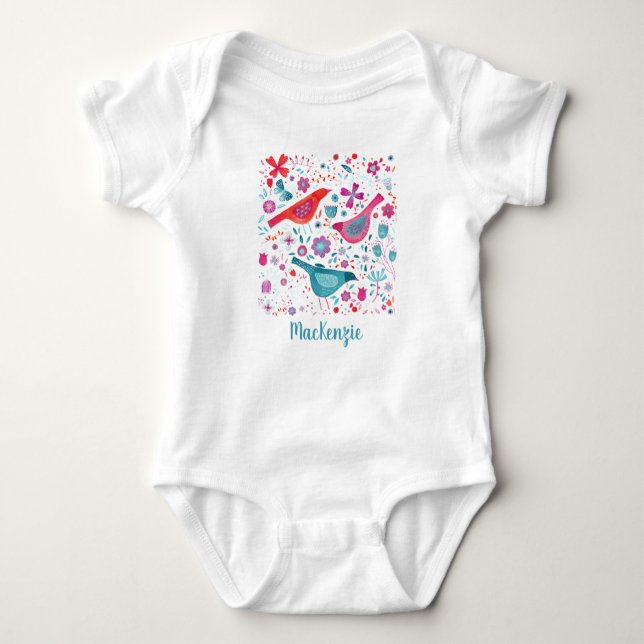 Bird and Flower Watercolor Personalised Baby Bodysuit (Front)