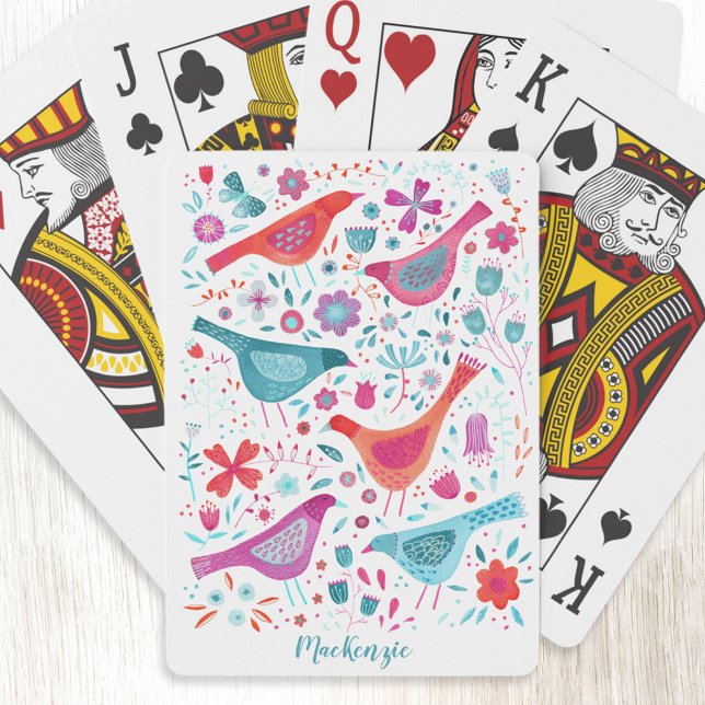 Bird and Flower Watercolor Personalised Playing Cards (Personalized name script watercolor bird and wild flower art playing cards)