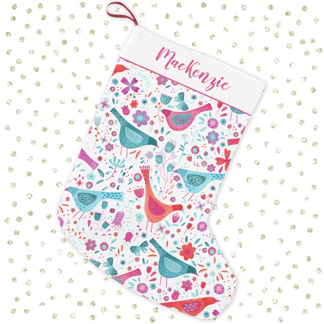 Bird and Flower Watercolor Personalised Small Christmas Stocking (Watercolor birds and flowers personalized script name Christmas stocking)