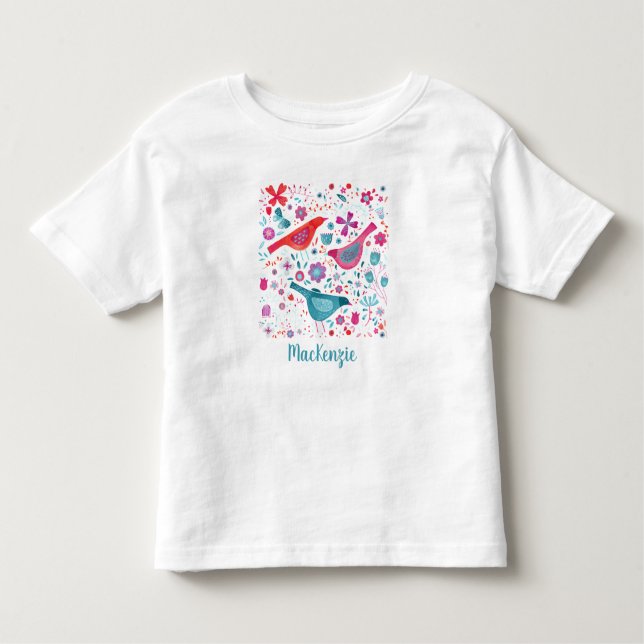 Bird and Flower Watercolor Personalised Toddler T-Shirt (Front)